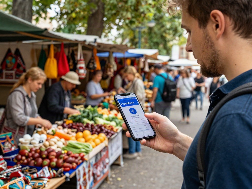 Turista usando la app https://payinrussia.com/ en un mercado local de Rusia mientras explora y compra.
