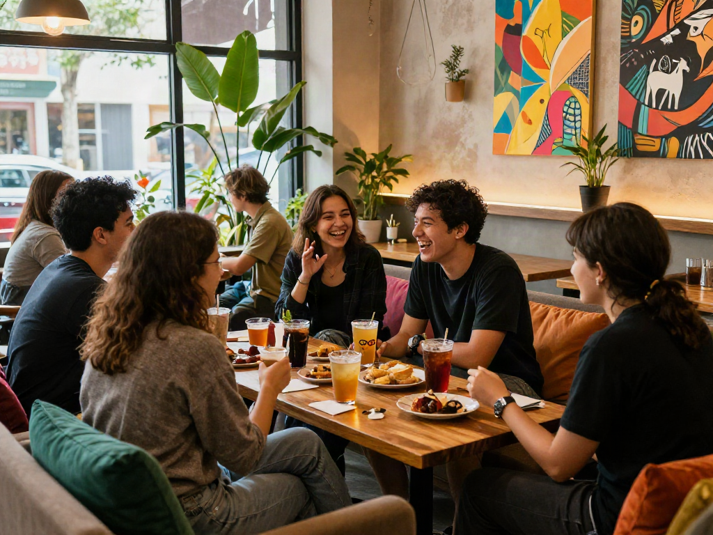 Friends enjoying drinks and snacks at rokok88 cafe, vibrant atmosphere and unique decor.
