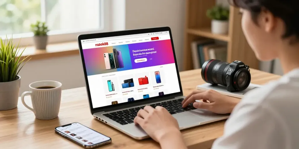 Engaging online shopping with rokok88 merchandise on a laptop in a cozy workspace.