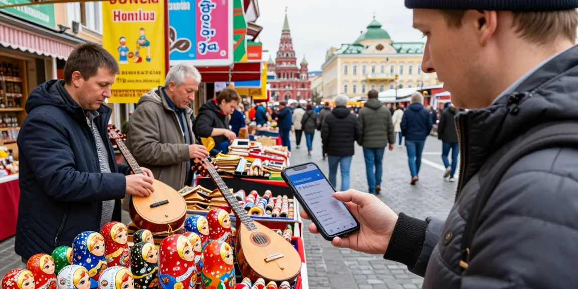 Pago en https://payinrussia.com/ en un mercado ruso vibrante mientras un turista interactúa con vendedores locales.