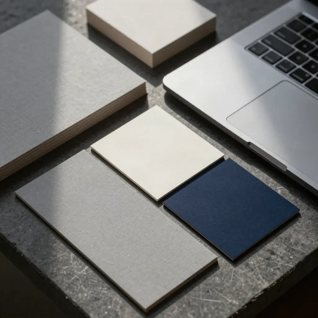 Maqueta física de landing web con tarjetas modulares, portátil cerrado y bloques de papel sobre piedra oscura.
