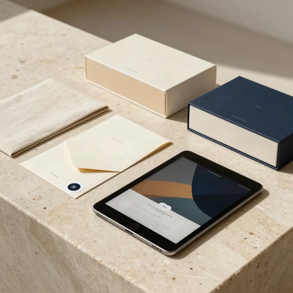 Kit de lanzamiento de marca sobre piedra con tablet apagada, tarjeta y cajas planas.