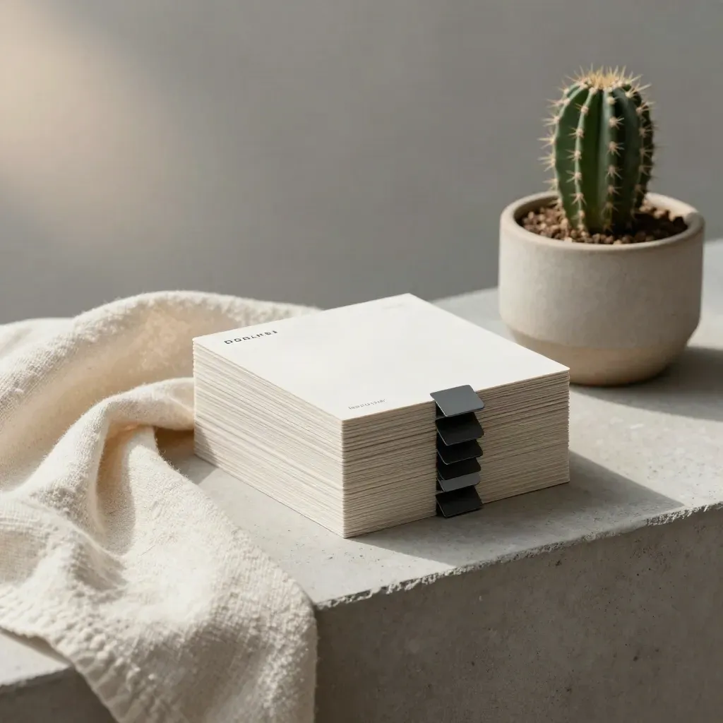 Tarjetas de prueba cuadradas, imanes mate, tela doblada y un cactus pequeño sobre yeso.