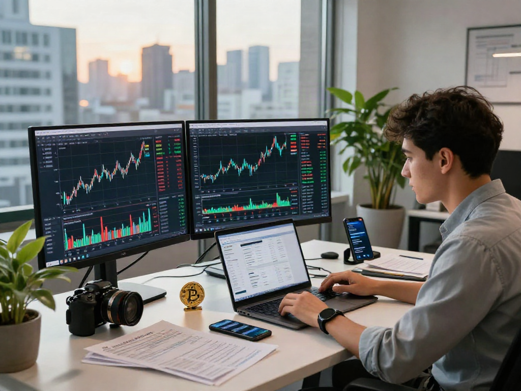 Joven analizando gráficos de btc a dólar en oficina moderna.